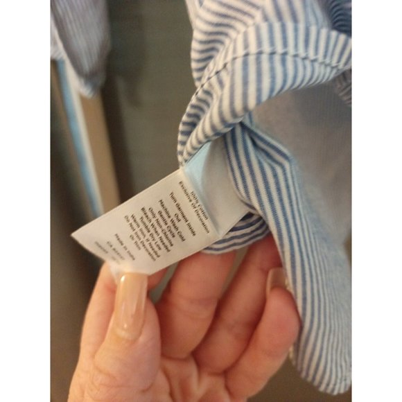 Womens Talbots Dressy Blouse Striped Blue/White Cutout Embroidered sleeves Small - Picture 8 of 8